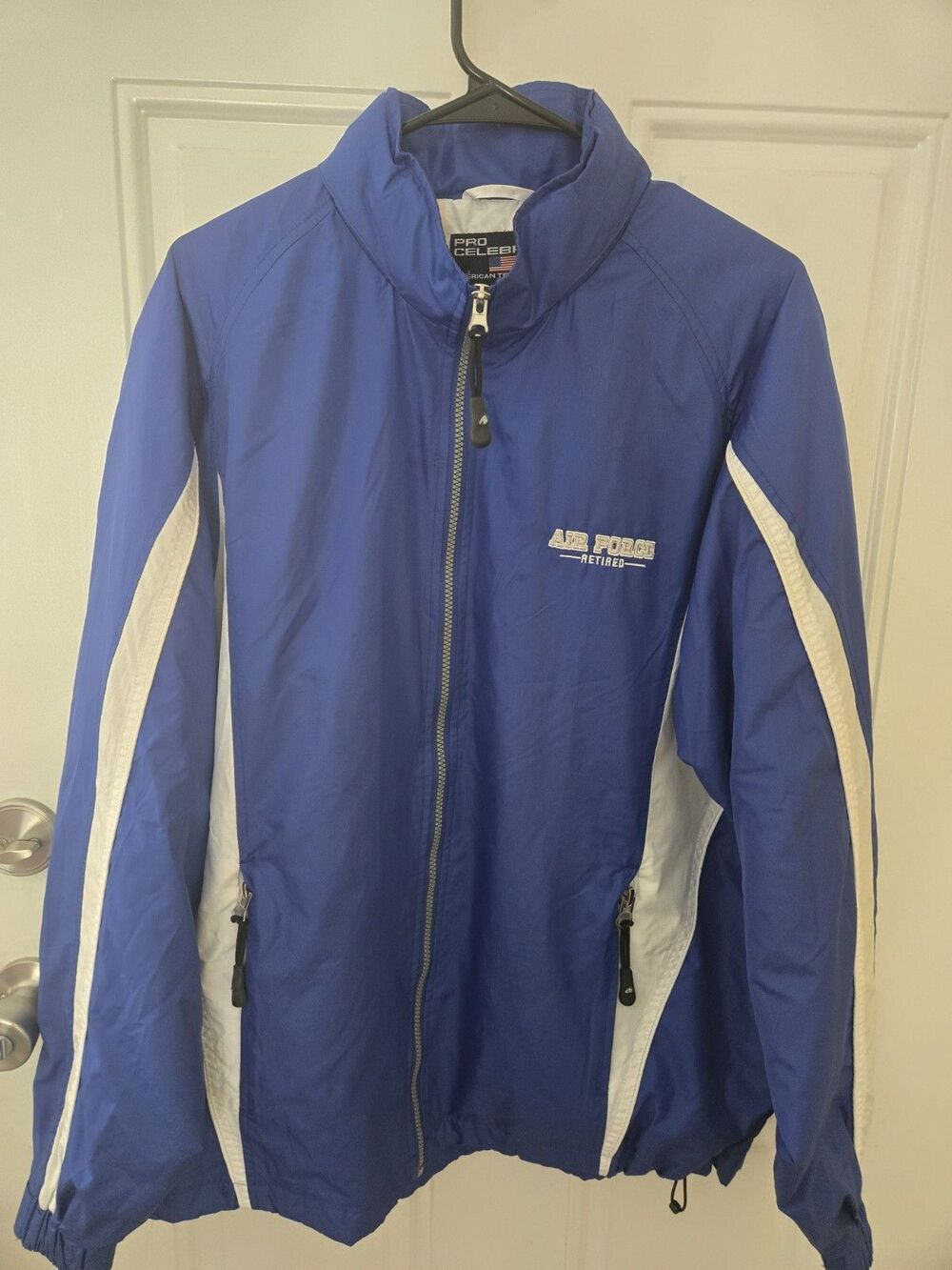 Pro Celebrity Men's Blue White Air Force Veteran Logo Windbreaker Jacket Size M